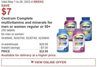 Costco Centrum Complete multivitamins and minerals for men or women regular or 50+ offer