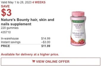 Costco Nature's Bounty hair, skin and nails supplement offer
