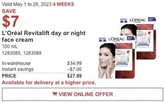 Costco L'Oréal Revitalift day or night face cream offer