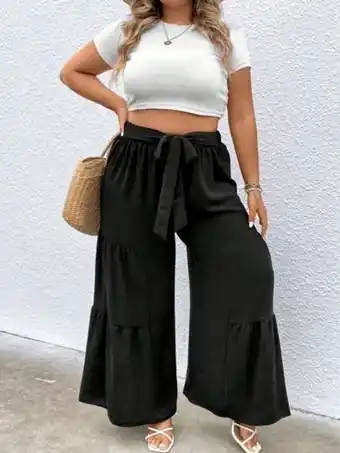 SheIn Shein vcay plus ruffle hem tie front wide leg pants offer
