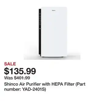 Wayfair Shinco air purifier with hepa filter (part number: yad-2401s) offer