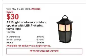 Costco Ar brighton wireless outdoor speaker with led flickering flame light offer