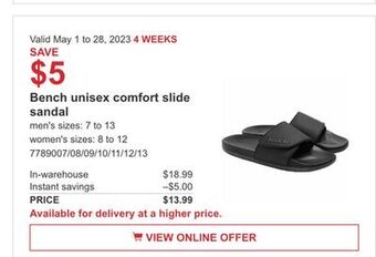 Costco Bench unisex comfort slide sandal offer