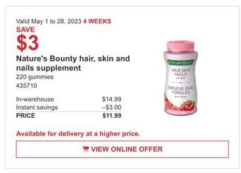 Costco Nature's bounty hair, skin and nails supplement offer