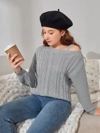 SheIn Shein teen girls asymmetrical neck cable knit drop shoulder sweater offer