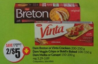 FreshCo Dare Breton or Vinta Crackers 200-250 g Dare Veggie Crisps or Bold'n Baked 100-150 g offer