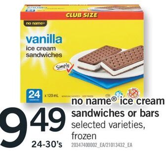 Fortinos No name® ice cream sandwiches or bars offer