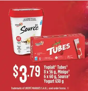 Fortinos Yoplait® tubes® 8 x 56 g, minigo® 6 x 60 g, source® yogurt 630 g offer