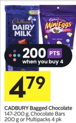 Foodland Cadbury bagged chocolate 147-200 g, chocolate bars 200 g or multipacks 4 pk offer