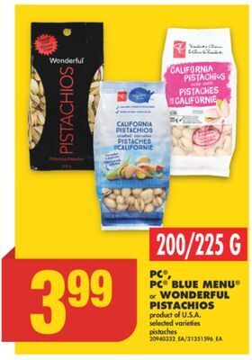 No Frills Pc® blue menu® or wonderful pistachios, 200/225 g offer