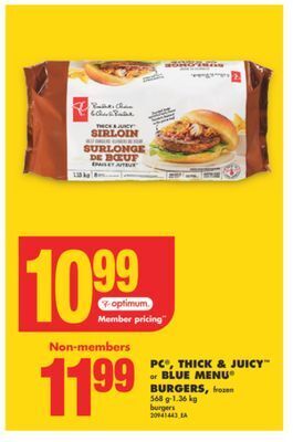 No Frills Pc®, thick & juicy™ or blue menu® burgers, 568 g-1.36 kg offer