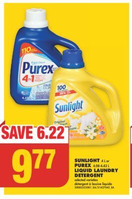 No Frills Sunlight, 4 l or purex, 4.08-4.43 l liquid laundry detergent offer