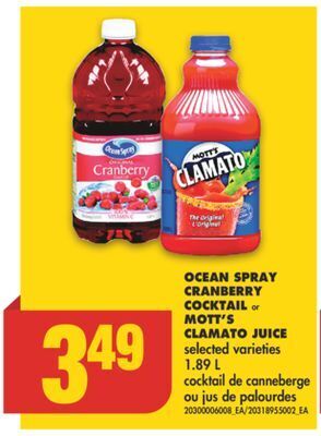 No Frills Ocean spray cranberry cocktail or mott's clamato juice, 1.89 l offer