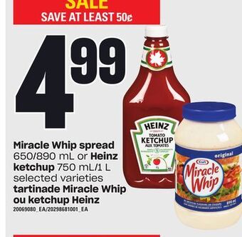 Independent Grocer Miracle whip spread, 650/890 ml or heinz ketchup, 750 ml/1 l offer