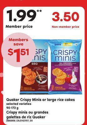 Independent Grocer Quaker crispy minis or large rice cakes, 90-173 g offer