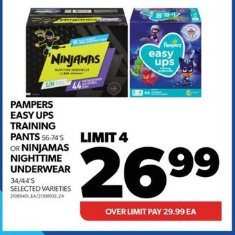 Real Canadian Superstore Pampers easy ups training pants 56-74's or ninjamas nighttime underwear 34/44's offer
