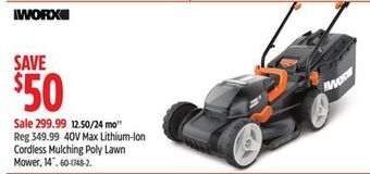 Canadian Tire Worx 40v max lithium-ion cordless mulching poly lawn mower, 14. offer