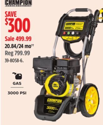Canadian Tire Champion 3000 psi 2.5 gpm 196cc engine cold water wheeled gas pressure washer offer