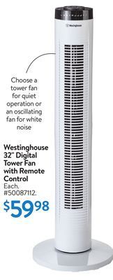 Walmart Westinghouse 32 digital tower fan with remote control offer