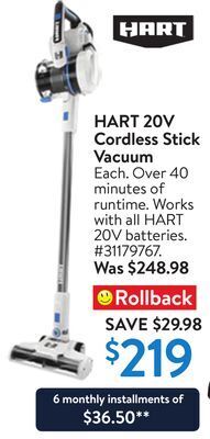 Walmart Hart 20v cordless stick vacuum offer