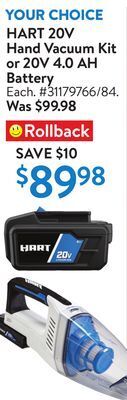 Walmart Hart 20v hand vacuum kit or 20v 4.0 ah battery offer