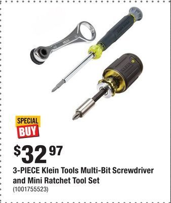 Home Depot 3-piece klein tools multi-bit screwdriver and mini ratchet tool set offer