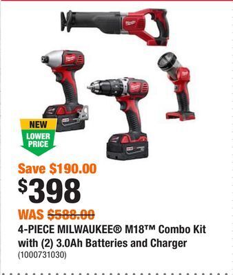 Home Depot 4-piece milwaukee® m18™ combo kit with (2) 3.0ah batteries and charger offer