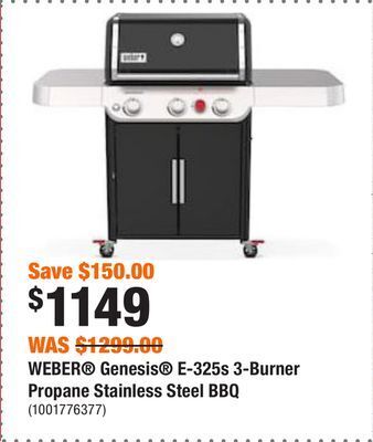 Home Depot Weber® genesis® e-325s 3-burner propane stainless steel bbq offer