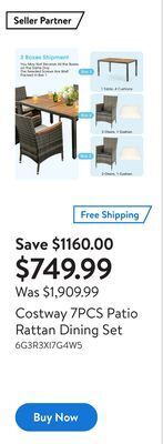 Walmart Costway 7pcs patio rattan dining set offer