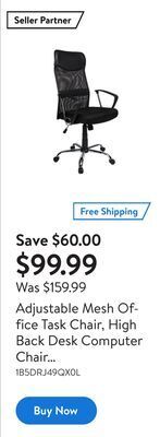 Walmart Adjustable mesh office task chair, high back desk computer chair with fixed arms and fabric seat offer