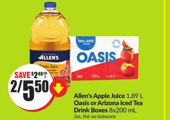 Chalo FreshCo Allen's apple juice 1.89 l oasis or arizona iced tea drink boxes 8x200 ml offer