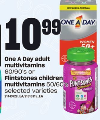 Zehrs Markets One a day adult multivitamins, 60/90's or flintstones children multivitamins, 50/60's offer