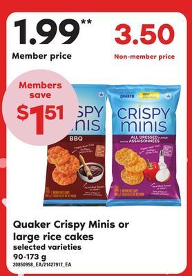 Zehrs Markets Quaker crispy minis or large rice cakes, 90-173 g offer