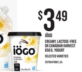 Zehrs Markets Iögo creamy, lactose-free or canadian harvest, 650 g, yogurt offer