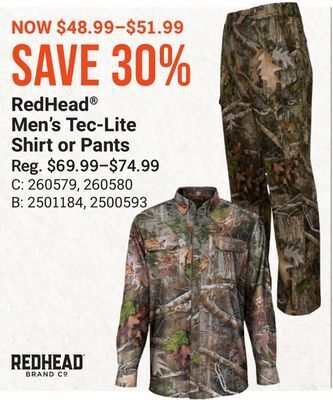 Bass Pro Redhead® men's tec-lite shirt or pants offer