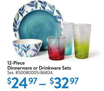 Walmart 12-piece dinnerware or drinkware sets offer