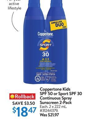 Walmart Coppertone kids spf 50 or sport spf 30 continuous spray sunscreen 2-pack offer