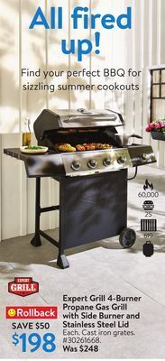 Walmart Expert grill 4-burner propane gas grill with side burner and stainless steel lid offer