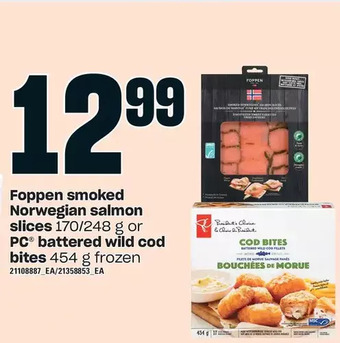 Loblaws Foppen smoked norwegian salmon slices or pc battered wild cod bites offer