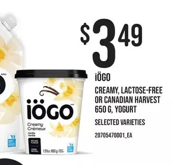 Loblaws Iögo creamy, lactose-free or canadian harvest yogurt offer