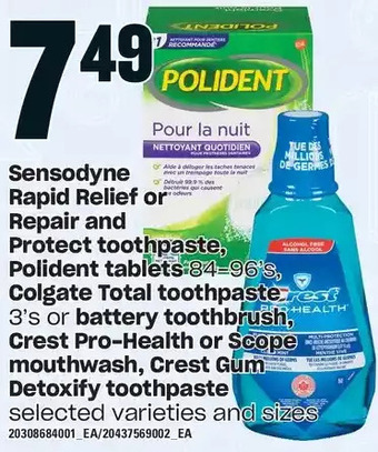 Loblaws Sensodyne rapid relief or repair and protect toothpaste, polident tablets, colgate total toothpaste or battery toothbrush, cr offer