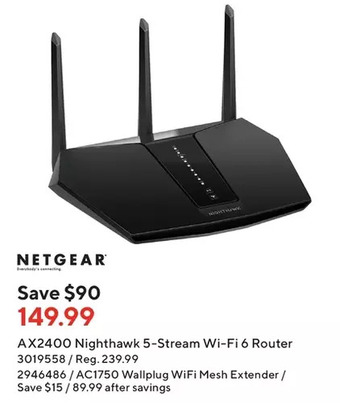 Staples Netgear ax2400 nighthawk 5-stream wi-fi 6 router offer