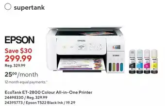 Staples Epson ecotank et-2800 colour all-in-one printer | t522 black ink offer