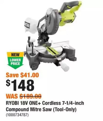 Home Depot 18v one+ cordless 7-1/4-inch compound mitre saw (tool-only) offer