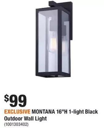 Home Depot Montana 16-inch h 1-light outdoor wall sconce light fixture in black with clear glass panels offer