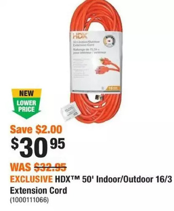 Home Depot Hdx 50' indoor/outdoor 16/3 extension cord offer