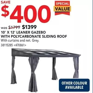 RONA 10' x 12' leaner gazebo with polycarbonate sliding roof offer