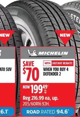Canadian Tire Michelin defender 2 tires offer