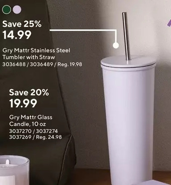 Staples Gry mattr stainless steel tumbler with straw offer