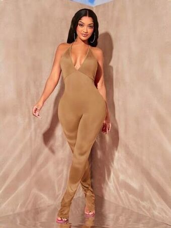 SheIn Shein sxy solid split hem halter neck backless unitard jumpsuit offer